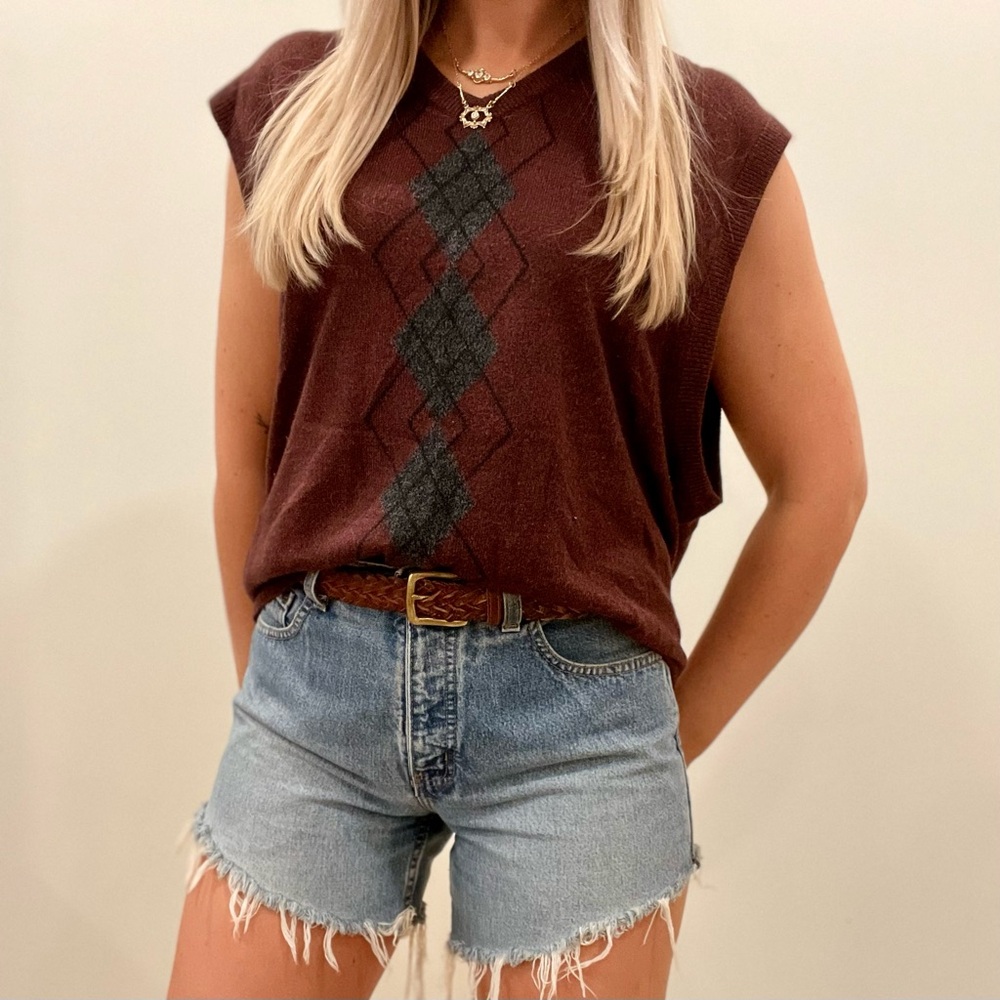 Vintage Argyle V-neck Sweater Vest in Maroon/Charcoal